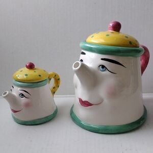 Clay Art vintage Ceramic Teapot Set with Faces - Yellow, Green, Pink